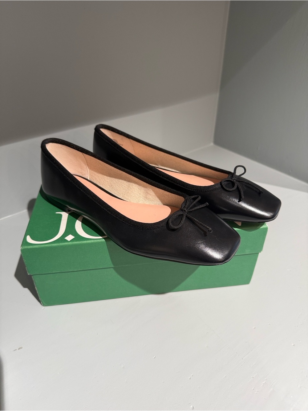 J. Crew Black Leather Ballet Flats with Bow Accent
